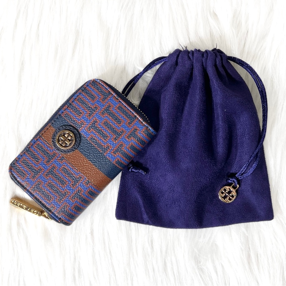 Tory Burch Blue Tan Leather T Logo Print Mini Key Card Wallet